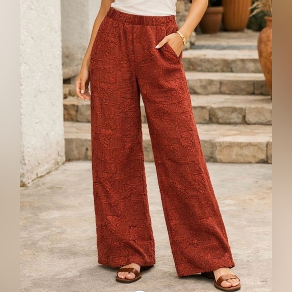 Zara Pants - ZARA Women’s Rust Textured Jacquard Wide-Leg Pants Boho Floral Lounge Trousers M